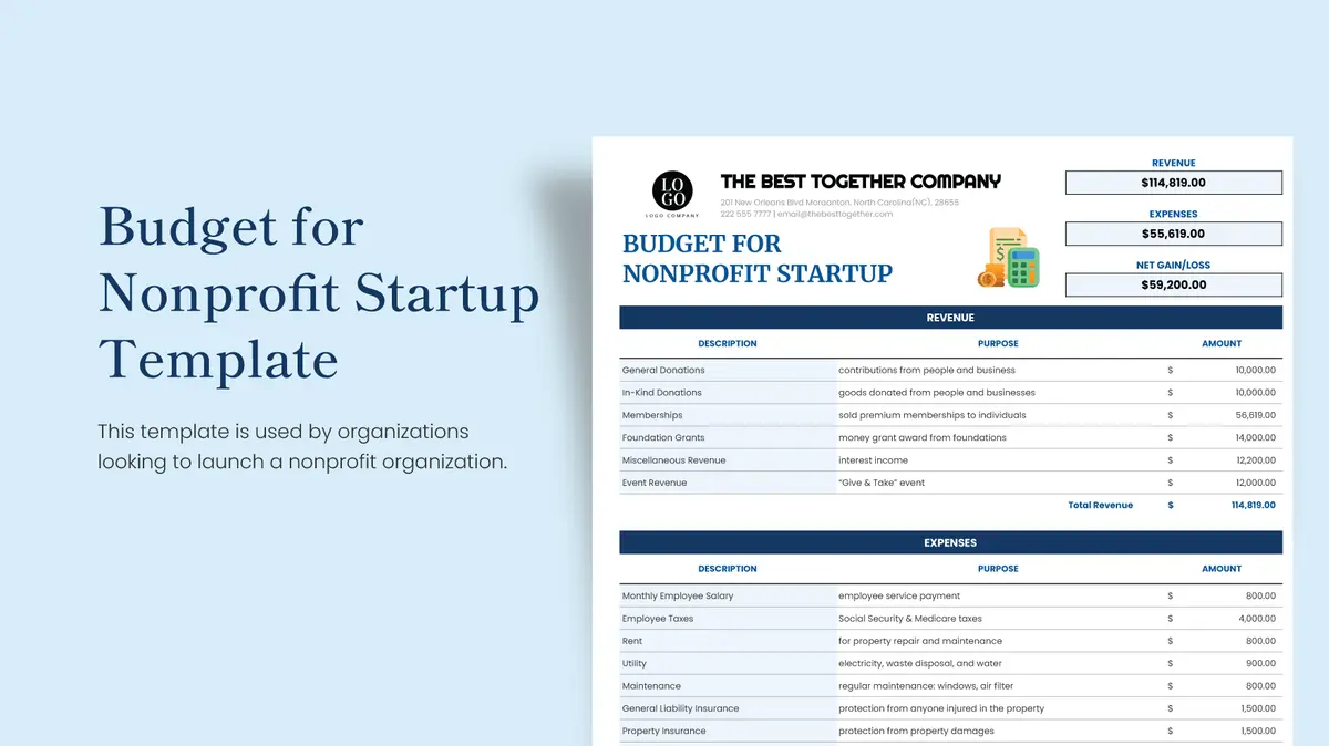 Budget for Nonprofit Startup Google Sheet Template