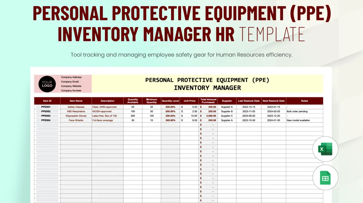 Personal Protective Equipment (PPE) Inventory Manager HR Google Sheet Template